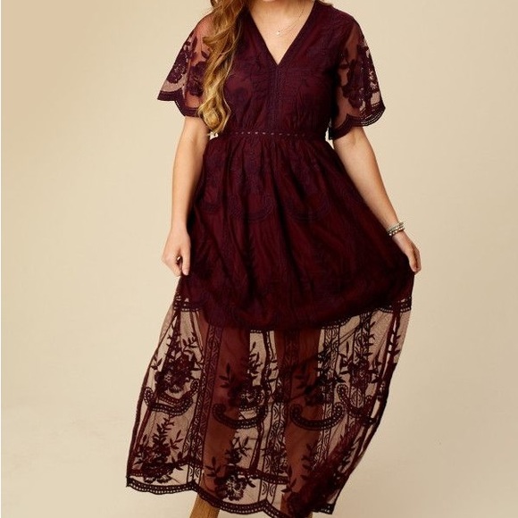 Burgundy Wine Lace Mesh Overlay Maxi Dress - Main Image